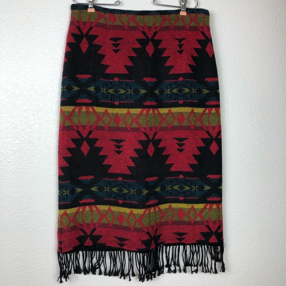 Vintage Faux Wool Southwestern Fringe Midi Skirt - Picture 1 of 14